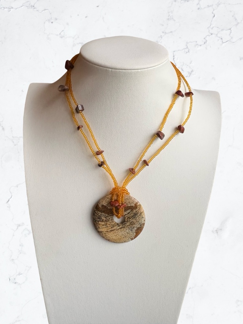Yellow and Brown Stone Donut Pendant Necklace